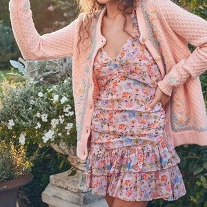 LoveShackFancy Desra Pastel Floral Cottagecore Preppy Satin Ruffled Mini Dress 8